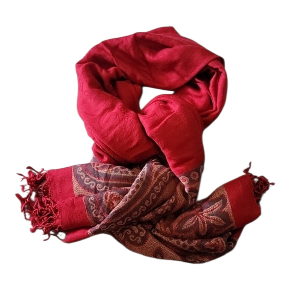 Cashmere Paisley Scarf with Fringe Red